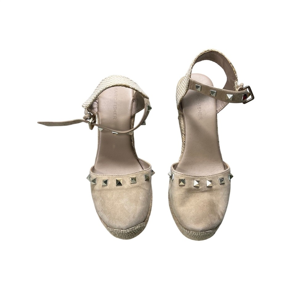 Marc Fisher SAKLINA Size 6 Beige Studded Espadrille Wedge Ankle Strap Sandals
